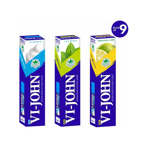 Netmeds | VI-JOHN Classical,Icy Mint & Tropical Lime Shaving Cream for Men with Tea Tree oil and Bacti-Guard 125g 9's
