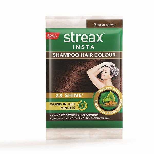 Streax Insta Shampoo Hair Colour Enriched With Almond Oil & Noni Extract - 3 Dark Brown 18ml - Sachet/Shampoo