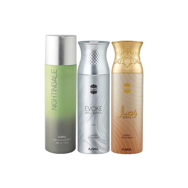 Ajmal 1 Nightingale For Men & Women, 1 Ajmal Evoke Silver Edition For Him For Men And 1 Wisal For Women High Quality Deodorants Combo (Pack Of 3) 600 ml - Perfumes (Edt/Edp)