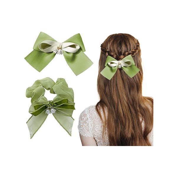 Majestique Satin Silk Layered Hair Bow Embellished Clip And Hair Scrunchies Combo For Women Girls - Green 2's - Hair Clips/Bands