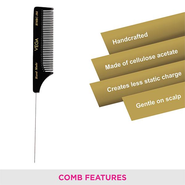 Vega Tail Hair Comb with Steel Pin for Women, Black, (VC2HMBC-304) 2's - Hair Combs