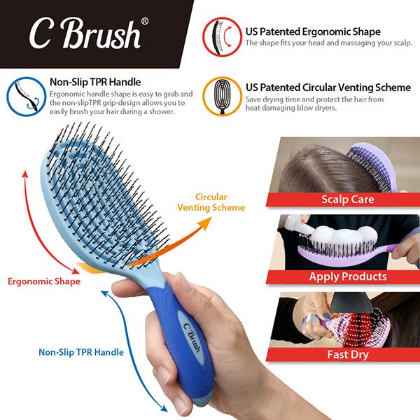NuWay 4HAIR U.S. Patented Detangler Hair Brush for Men & Women - Blue - Detangling C Brush 1s 1's - Hair Brushes