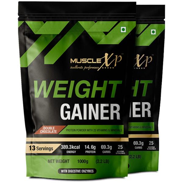 Netmeds | MuscleXP Weight Gainer Powder - Double Chocolate Flavour (Pack of 2 x 1 kg)
