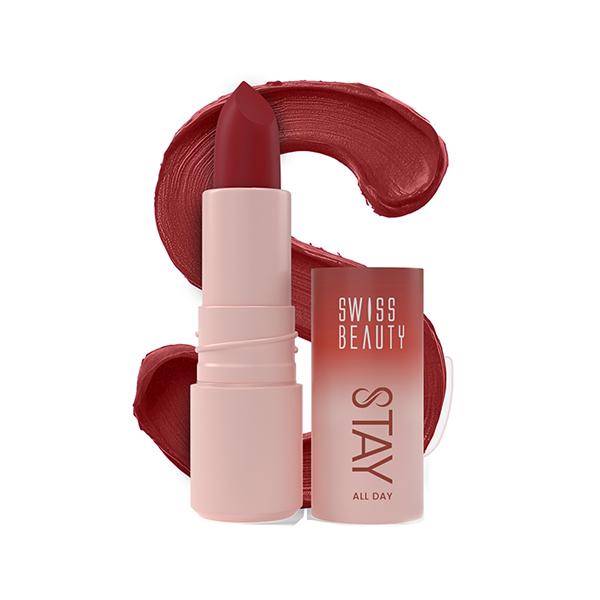 Netmeds | Swiss Beauty Stay All Day Lipstick ,12-Hrs Stay, Matte Finish with Vitamin E & Shea Butter -5 Bossy 4 gm