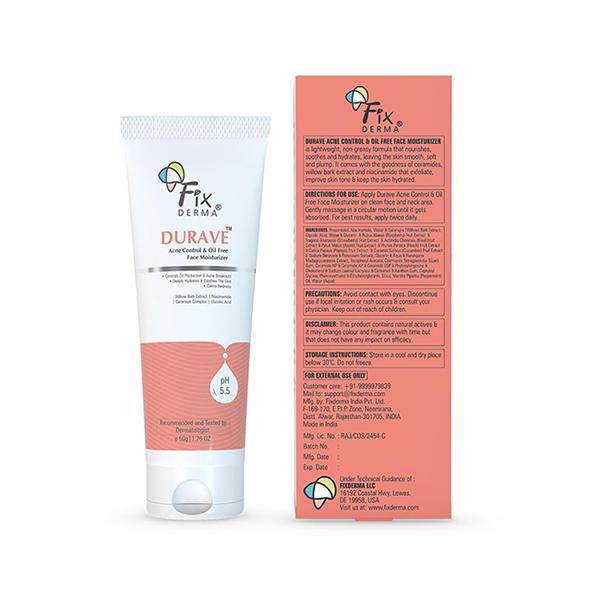 Fixderma Durave Acne Control & Oil Free Moisturizer for Face with Glycolic Acid, Moisturiser 50 gm - Face Moisturizers