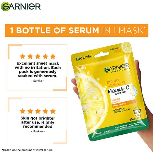 Garnier Skin Naturals Bright Complete Face Serum Sheet Mask (Yellow) 28 gm - Sheet Masks