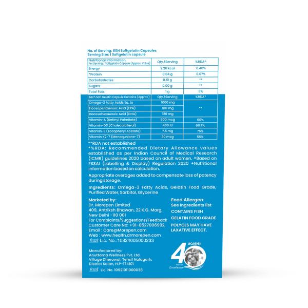 Dr. Morepen Omega 3 Deep Sea Fish Oil 1000mg with 300 mg Softgels 60's - Omega Fish Oil Fatty Acids