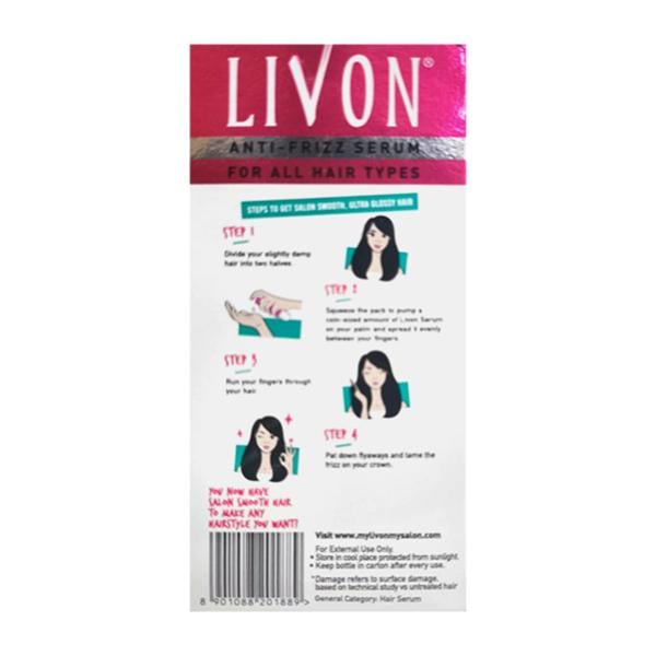 Livon Anti-Frizz Serum For All Hair Types For Smooth, Frizz-Free & Glossy Hair 20 ml - Hair Serums