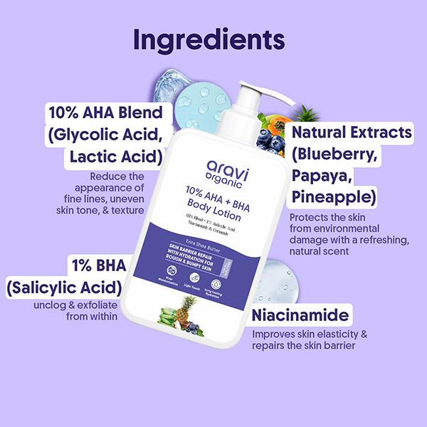 Aravi Organic 10% AHA + 1% BHA Body Lotion - Treats Strawberry Legs & Bumpy Skin With Ceramide 200 ml - Face Moisturizers