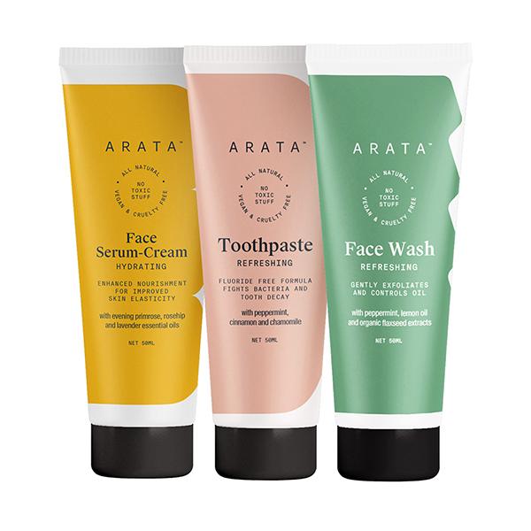 Arata Essential Morning Regime (Facewash, Face Cream & Toothpaste) 50ml each - Face Serum