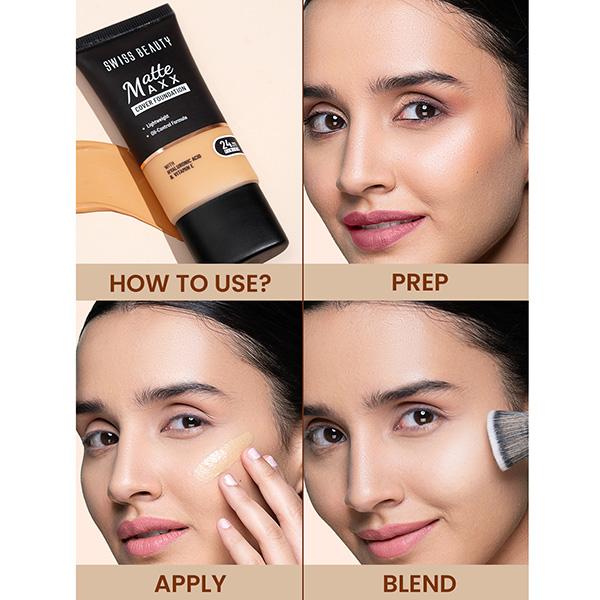 Swiss Beauty Matte Maxx Cover Foundation, 24- Hour Stay, with Hyaluronic Acid & Vitamin E, Oil-Control Formula 3 - Light Warm 30 gm - Foundation