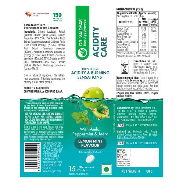 Dr. Vaidya's Acidity Care Effervescent Tablets - Lemon Mint Flavour 15's - Speciality Medicines