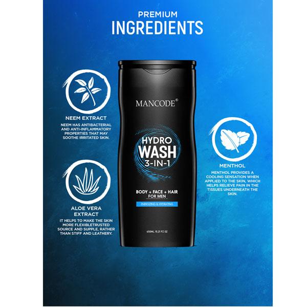 Mancode Hydro Wash 3 in 1 ( Body+Face+Hair ) 450 ml - Shower Gels & Body Wash