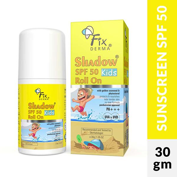 Netmeds | Fixderma Shadow Kids Roll On Sunscreen for Kids SPF 50 with Golden Seaweed & Phytosterol (30g)
