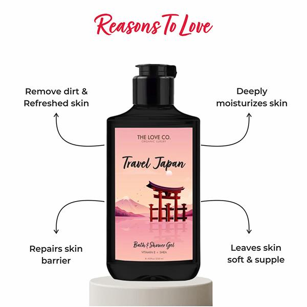 The Love Co. Travel Japan Body Wash - Body Wash For Women - Hydrating - Moisturizing Body Care - 100% Vegan - Paraben Free 250 ml - Shower Gels & Body Wash