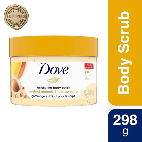 Netmeds | Dove Exfoliating Body Polish Scrub Crushed Almond and Mango Butter for Dry Skin 298 gm