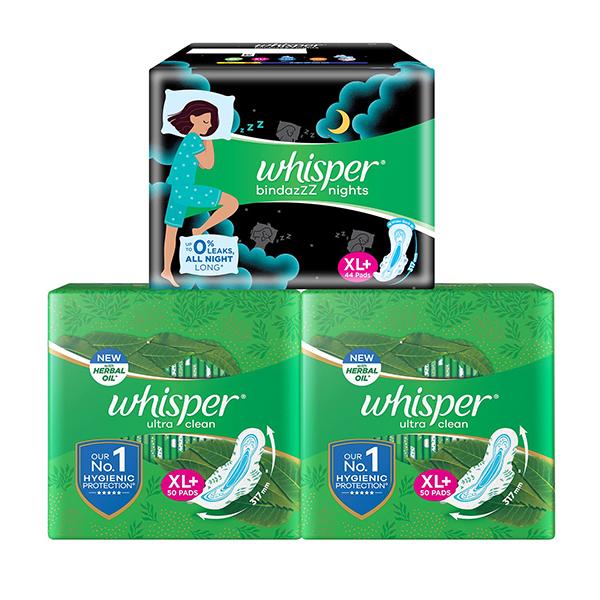 Whisper Combo of Ultra Clean and Bindazz Nights XL+ for Women Sanitary Pad 144's
