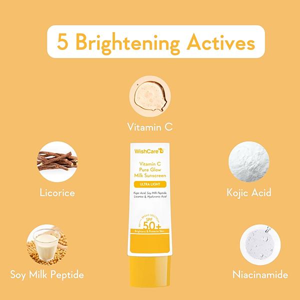 Wishcare Vitamin C Pure Glow Face Sunscreen SPF 50 PA++++ Broad Spectum Ultra Light and No White Cast 50 gm - Face Sunscreen