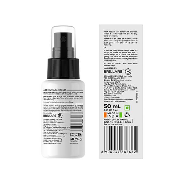 Brillare Professional Age Revival Natural Face Toner with Hyaluronic Acid, Rose and Sandalwood 50 ml - Toners