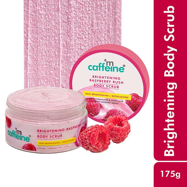 Netmeds | mCaffeine Brightening Raspberry Body Scrub - Tan Removal, AHAs Lactic and Glycolic Acid, Vit C Rich 175 gm