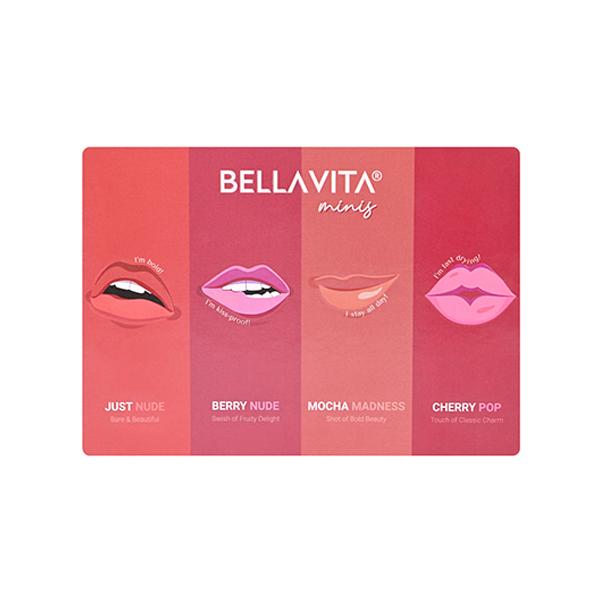 Netmeds | Bellavita Mini Kiss Proof Liquid Lipsticks Just Nude + Berry Nude + Mocha Madness + Cherry Pop - 2ml 4's