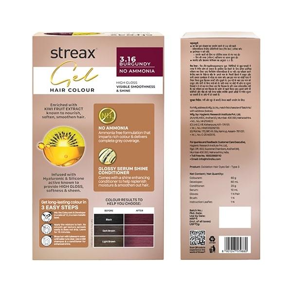 Streax Gel Hair Colour for women, Burgundy 3.16, No ammonia hair color, 100% grey coverage 150 ml - Crème