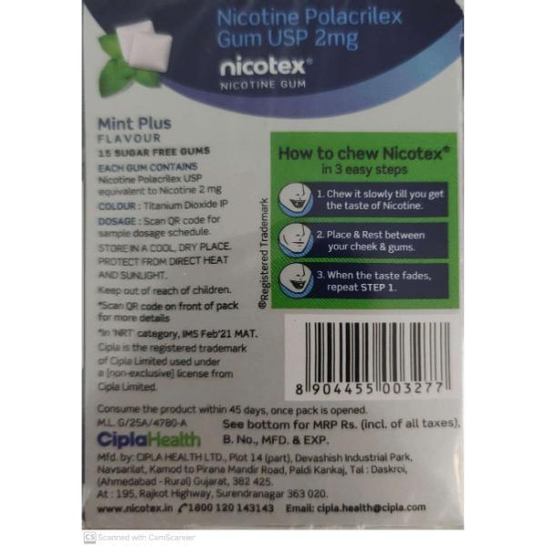 Nicotex 2mg Sugar Free Nicotine Gum - Mint Plus Flavour 15's - Nicotine Gums/Lozenges
