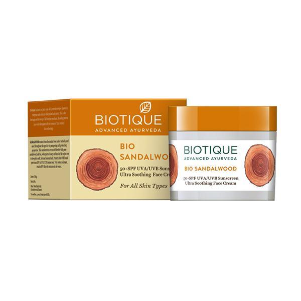Netmeds | Biotique Sun Shield Sandalwood SPF 50+ UVB/UVA PA+++ Sunscreen Ultra Protective Face Cream for All Skin Types 50gm