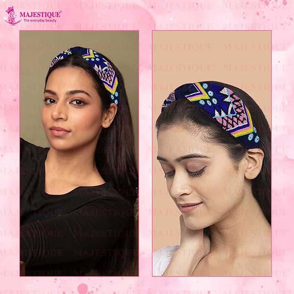 Majestique Cotton Floral Printed Embroidered Embellished Fabric Hair Accessories Band - Blue 1's - Hair Clips/Bands