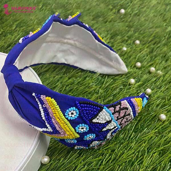Majestique Cotton Floral Printed Embroidered Embellished Fabric Hair Accessories Band - Blue 1's - Hair Clips/Bands