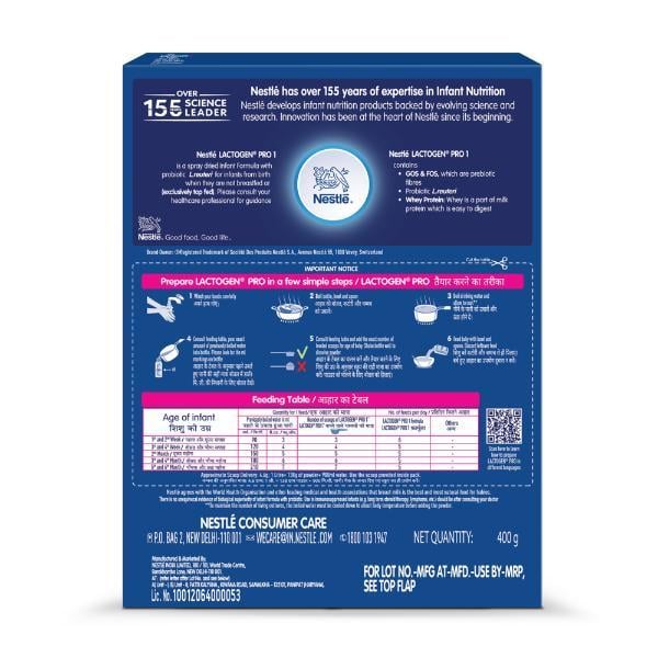 Nestle LACTOGEN PRO 1 Infant Formula with Probiotic L.reuteri & Prebiotics GOS & FOS (Upto 6 Months) 400 g - Baby And Infant Supplements