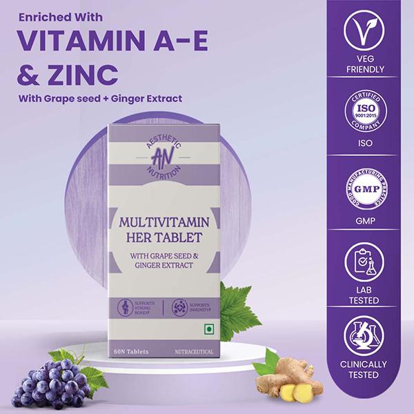 Aesthetic Nutrition Multivitamin Her With Grape Seed, Ginger Extract, Hyaluronic Acid, Vitamin B3, And B12 60 Tablets 1's - Multi-Vitamins