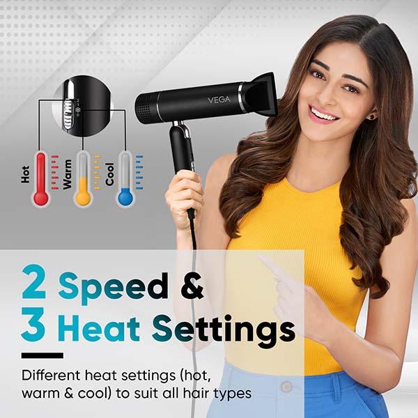 Vega Style Pro 1600W Hair Dryer for Men and Women with 2X Faster Drying, 2 Attachment (VHDH-34) 549 gm - Hair Dryers
