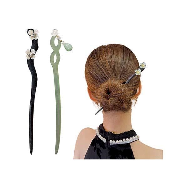 Netmeds | Majestique Wooden Resin Juda Pin Hair Sticks For Buns, Hair Accessories Best Gift For Women And Girls - Green/Black 2's
