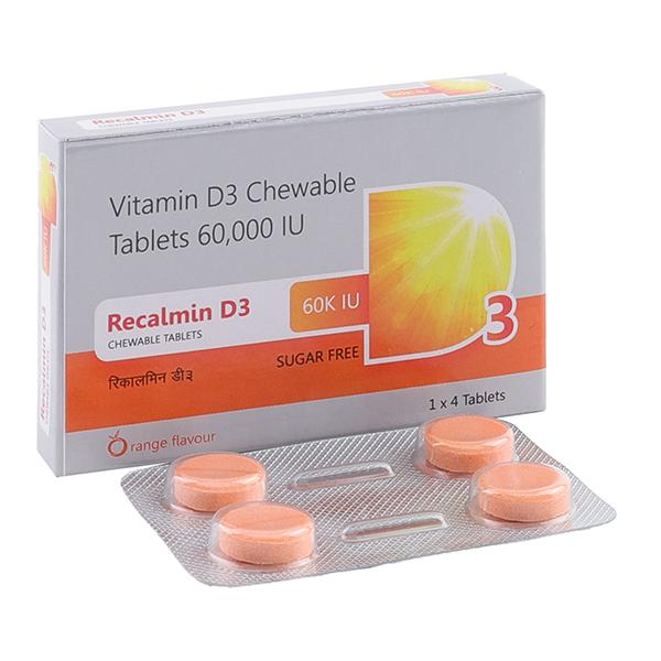 RECALMIN D3 60 K IU SUGAR FREE ORANGE FLAVOUR Chewable Tablet 4's