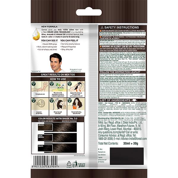 Garnier Color Naturals Creme Riche Sachet, Shade 3, Darkest Brown 60 gm - Sachet/Shampoo