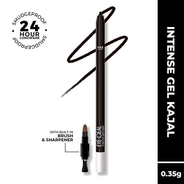 Netmeds | FAE Beauty Eye-Deal Intense Gel Kajal, Smudgeproof, Waterproof, Long Lasting, with Built-In Sharpener & Fine Bristle Brush Shade - Black Sesame 0.35 gm