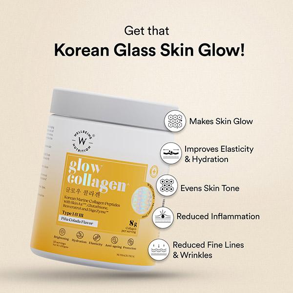 Wellbeing Nutrition Glow Korean Marine Collagen Peptides with Type I and lii - Pina Colada Flavor 250 gm - Multi-Vitamins