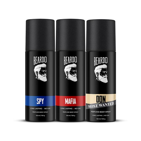Netmeds | Beardo Spy 120ml, Mafia 120ml and Don Most Wanted 120ml Perfume Body Spray Combo for Men 1's