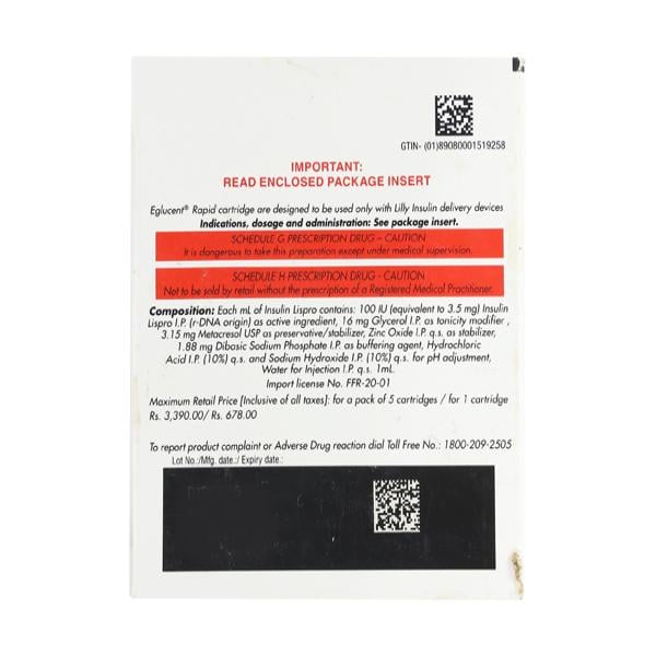 Eglucent Rapid 100IU Cartridge 3ml - Diabetes-Ins