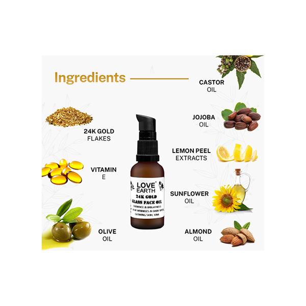 Love Earth 24K Gold Glass Face Oil for Skin Brightening, Pigmentation, Anti-Aging 30 ml - Face Serum