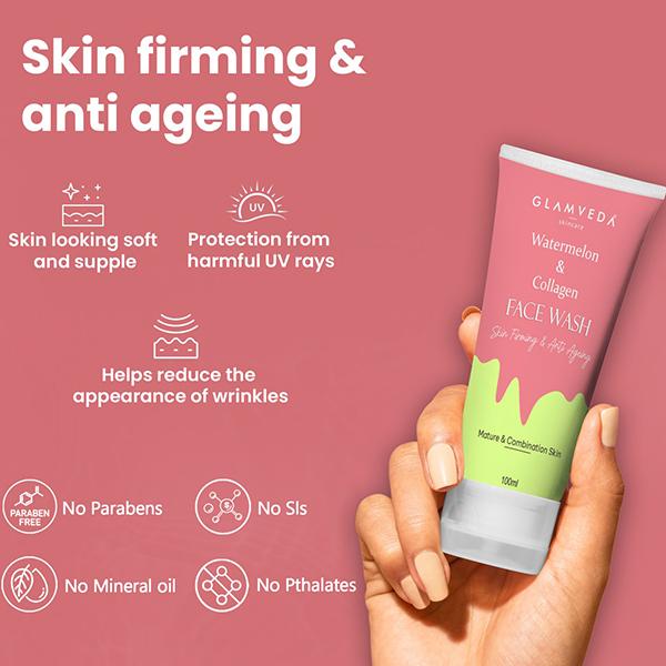 Glamveda Watermelon & Collagen Anti Ageing Face WashReduces Fine Lines, Wrinkles & Skin Dullness 100 ml - Face Wash & Cleansers