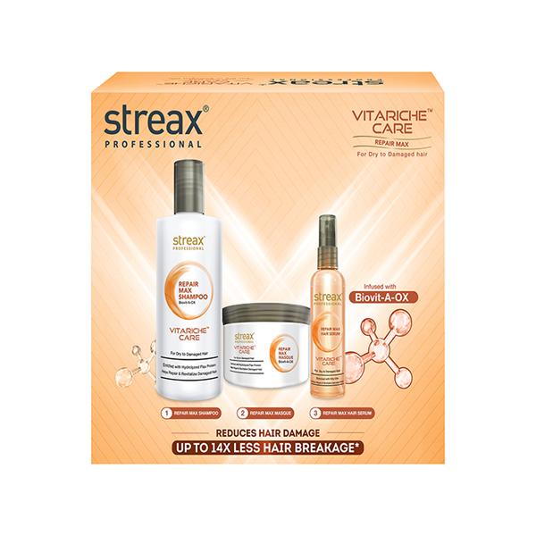 Netmeds | Streax Professional Vitariche Repair Max Post Care Combo Kit ( Shampoo + Masque + Serum) 600 ml