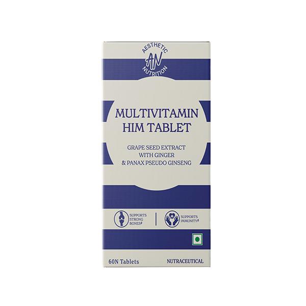 Netmeds | Aesthetic Nutrition Multivitamin Him With Grape Seed Extract, Ginger, And Panax Pseudo Ginseng For Energy, Vitality 60 Tablets 1's