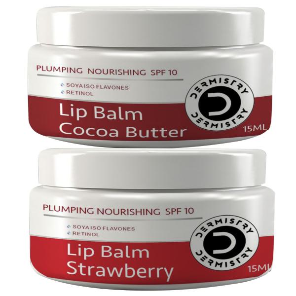 Dermistry Plumping Nourishing SPF 10 Lip Balm Strawberry 15 ml + Plumping Nourishing SPF 10 Lip Balm Cocoa Butter 15 ml - Lotions & Creams