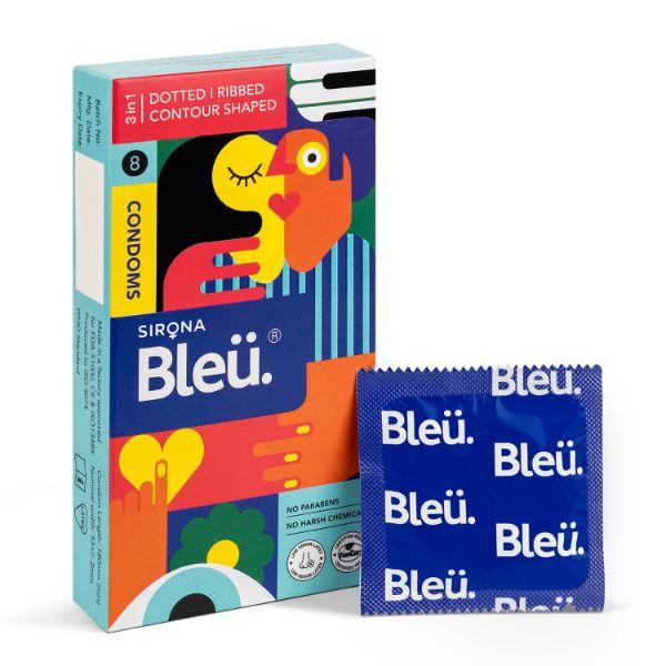 Bleu 3 in 1 High Grade Natural Latex Dotted Ribbed and Contour Shaped Condoms 8's - Plain/Flavoured Condoms
