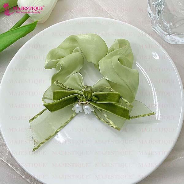 Majestique Satin Silk Layered Hair Bow Embellished Clip And Hair Scrunchies Combo For Women Girls - Green 2's - Hair Clips/Bands