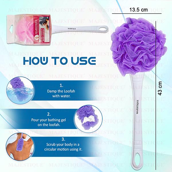 Majestique Long Handle Loofah for Back Scrubber, Easy Reach Body Wash, Back Cleaning - Color May Vary 1's - Others
