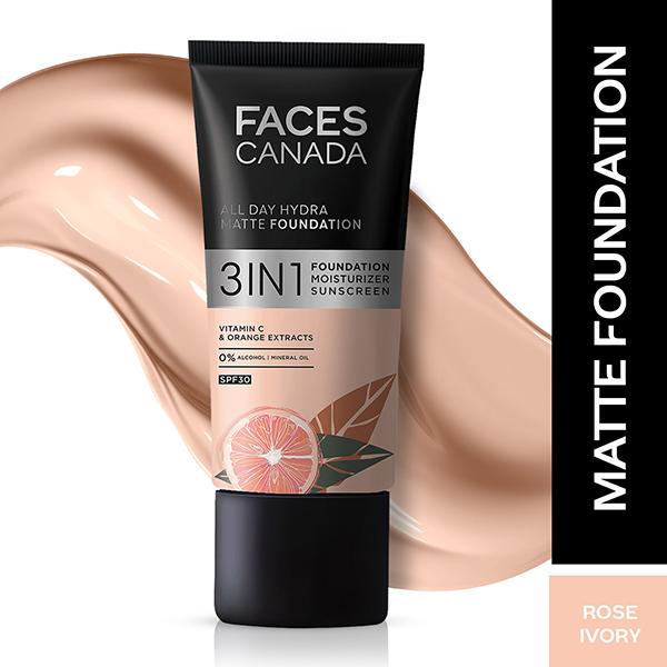 Netmeds | Faces Canada All Day Hydra Matte Foundation 3-In-1 Foundation + Moisturizer + SPF 30 24 Hr Aloe Hydration & Vitamin C 10Hr Long Wear Rose Ivory 011 25ml