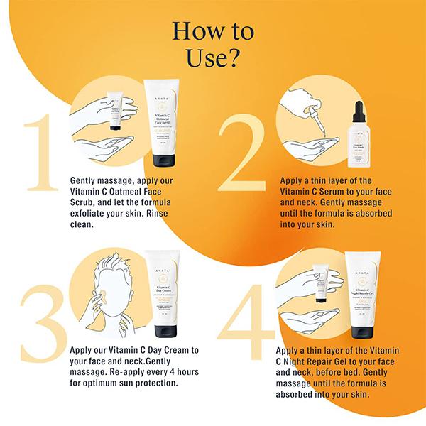 Arata Vitamin C Overnight Face Care Regime With Vitamin C Oatmeal Scrub (75 ML), Face Serum (30 ML), Day Cream (50 ML) & Night Repair Gel (50 ML) 1's - Face Serum